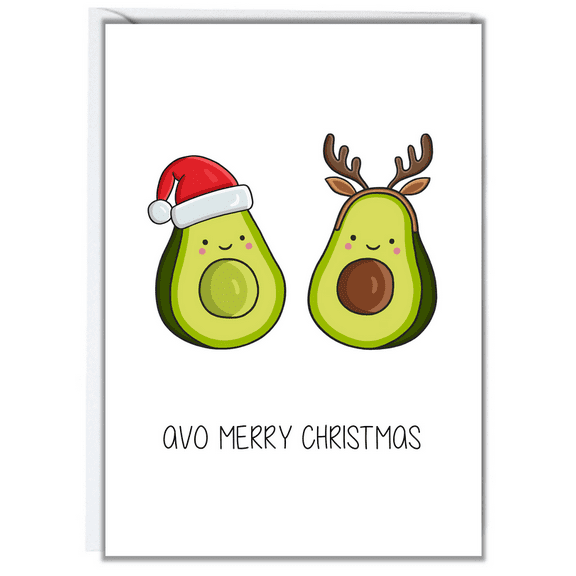 Avo Merry Christmas Card – Cute Avocado Characters with Santa Hat & Antlers – Blank Inside, Envelope Included – Perfect Holiday Greeting Card for Friends & Family