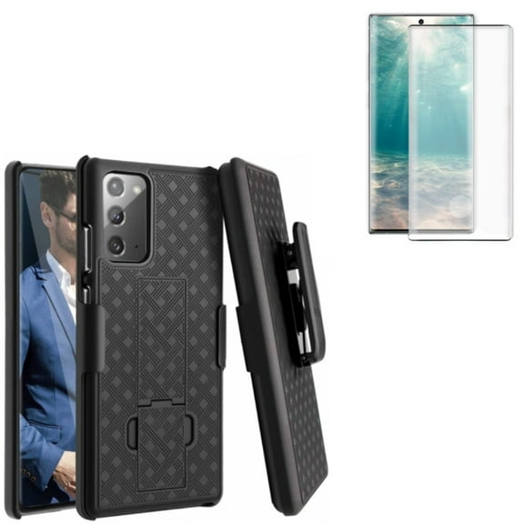 Screen Protector & Case Belt Clip for Samsung Galaxy Note 20 Phone - Combo with Tempered Glass (Fingerprint Unlock) 3D Curved Edge Full Cover & Holster Swivel Cover Kickstand