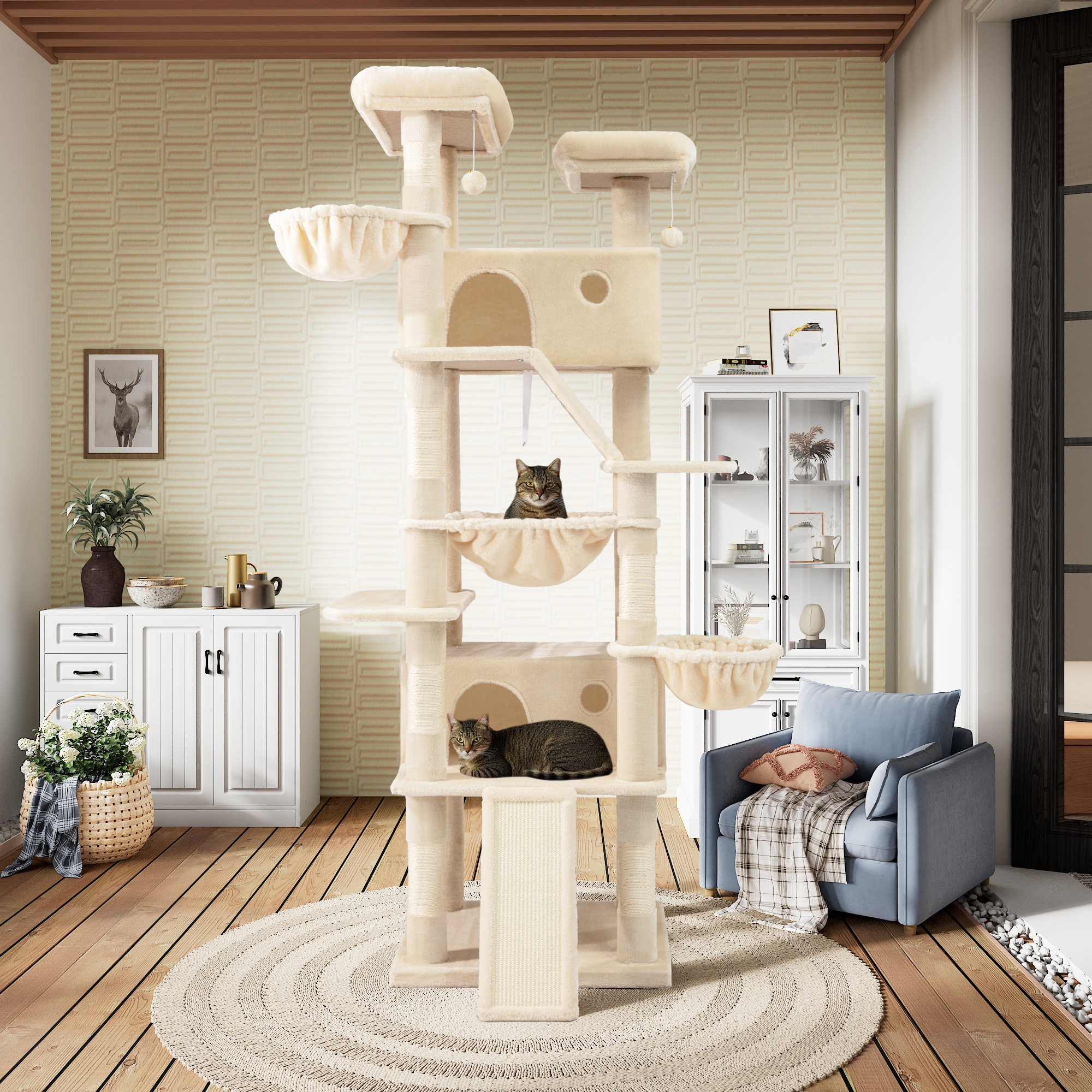 Sha Cerlin 81" Large Cat Tree Tower with Cat Condo & Hammock, Multi-Level & Sisal Scratching Post, Beige