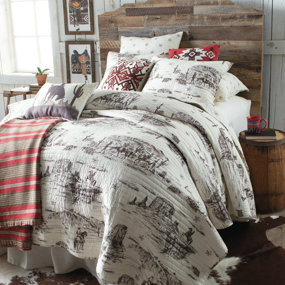 Vintage Western Cowboy Print Brown and Cream Reversible Quilt Size Full