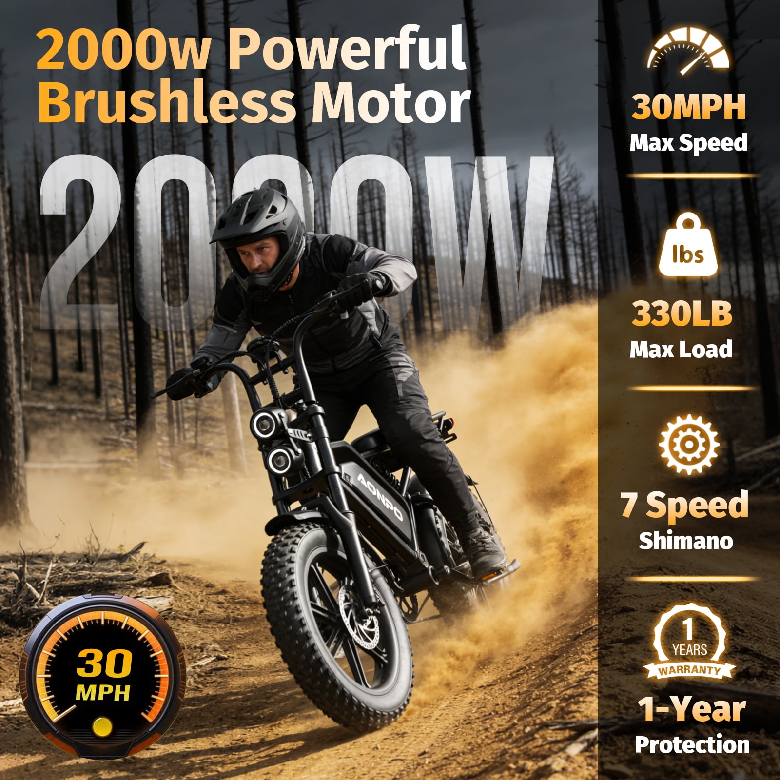 Aonpo P20 Electric Bike for Adults，Peak Motor 2000W，52V 15AH Alithium Battery and 25" Fat Tire，28MPH Max Speed, 7-Speed E-Bike for City Commute & Light Off-Road