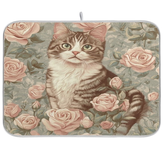 qxltty Rose Civet Cat Kitchen Drying Mat Extremely Absorbent Microfiber Dish Mats for Plates Cutlery Pots and Pans 16×18in