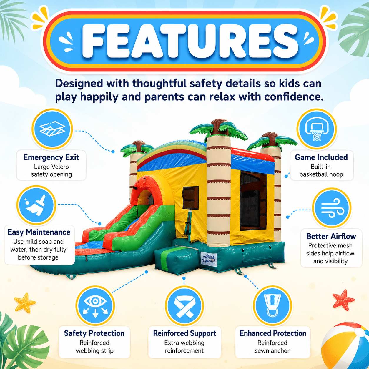 Rayocon Inflatable Bounce House Outdoor Water Slide for Kids Adult,17 x 11.7 x 10.7 ft,Splash Pool,Blower,Basketball Hoop for Backyard