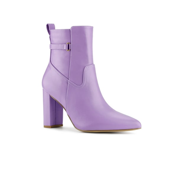 BLISSFUL STEP Women's Strap Decor Point Toe Block High Heels Ankle Boots