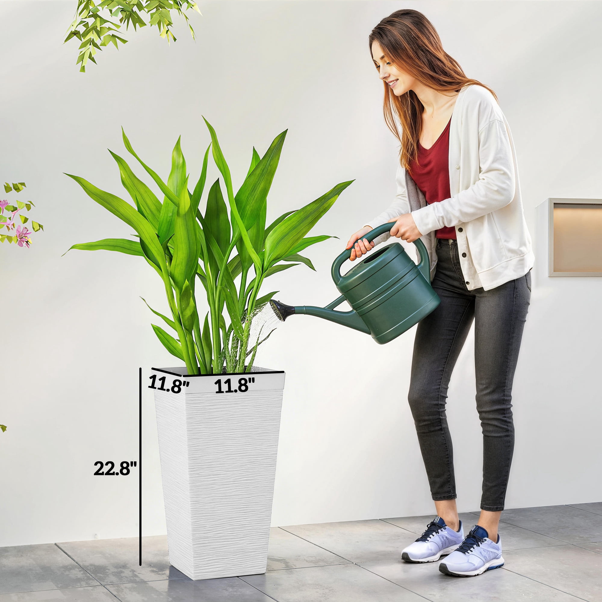 Outsunny 22.8 Inch Outdoor Planters, Set of 3 Plastic Flower Pots with Stone Finish and Wheels, Stackable Tapered Planters with Drainage Hole, White