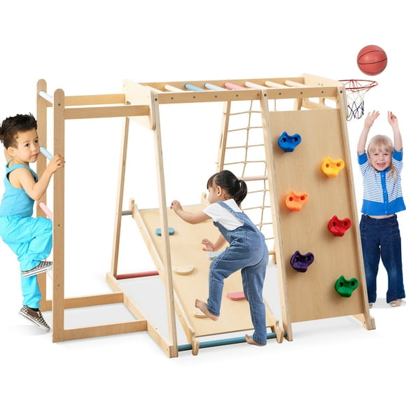 Gymax Gymnase de Jungle 6-en-1 avec Glissade, Escalade sur Roche, Panier de Basketball, Barre de Singe, Corde, Filet, Macaron