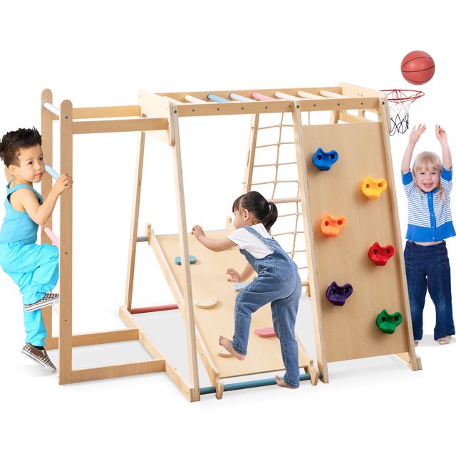 Gymax 6-in-1 Jungle Gym w/Slide Rock Climbing Basketball Hoop Monkey Bar Rope Net Macaron