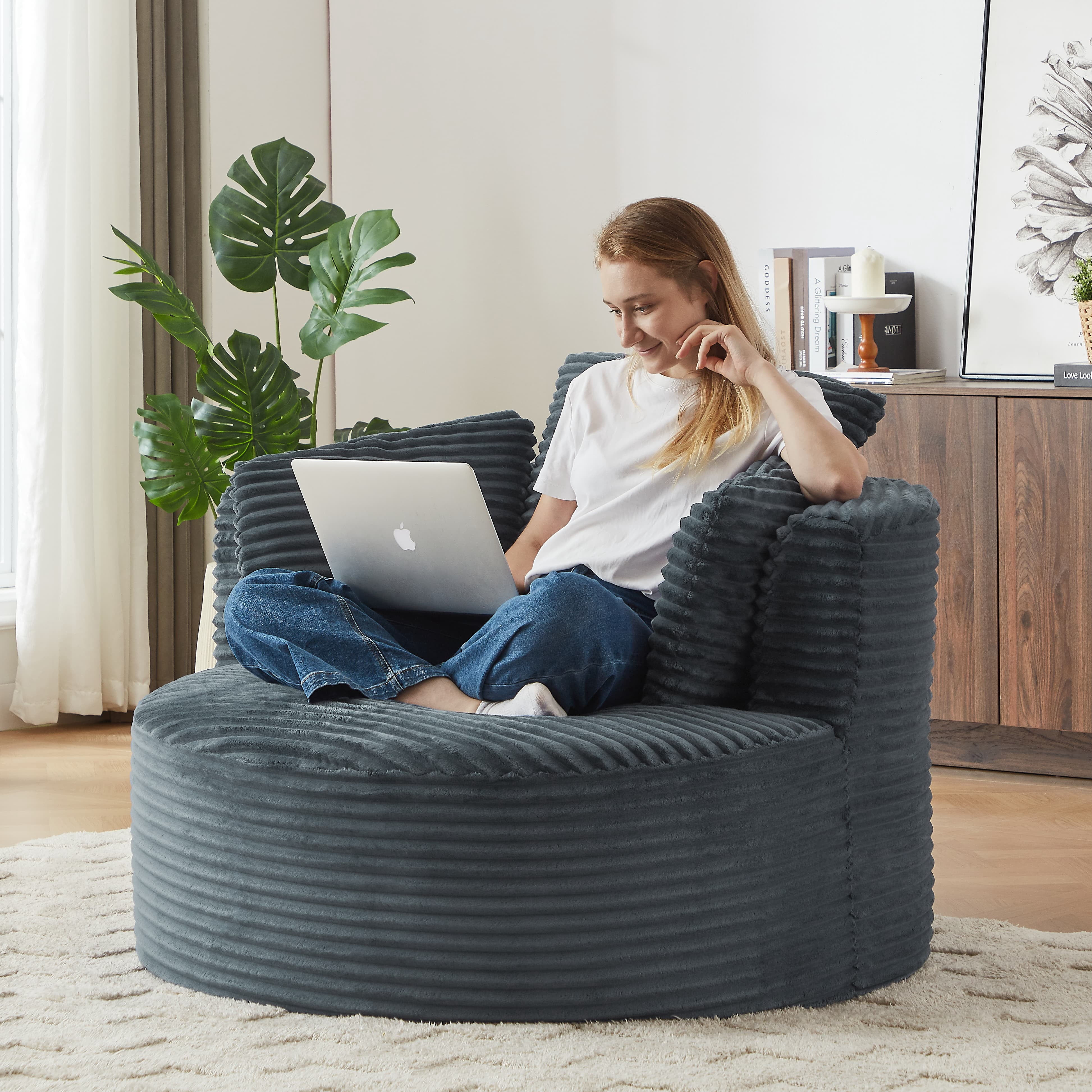 Aukfa Modern Corduroy Round Accent Chair, Compressible Chaise Lounge for Living Room & Bedroom, No Assembly,Dark Gray