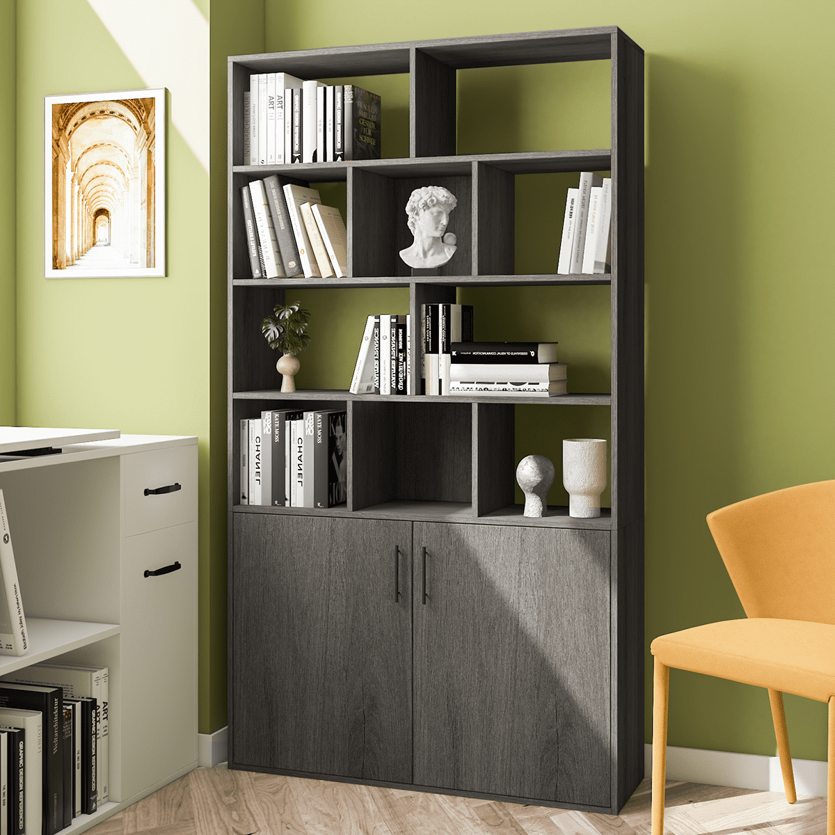 Bookcase Shelving Storage Wooden Cabinet Unit Standing Bookcase W/Doors Gray 