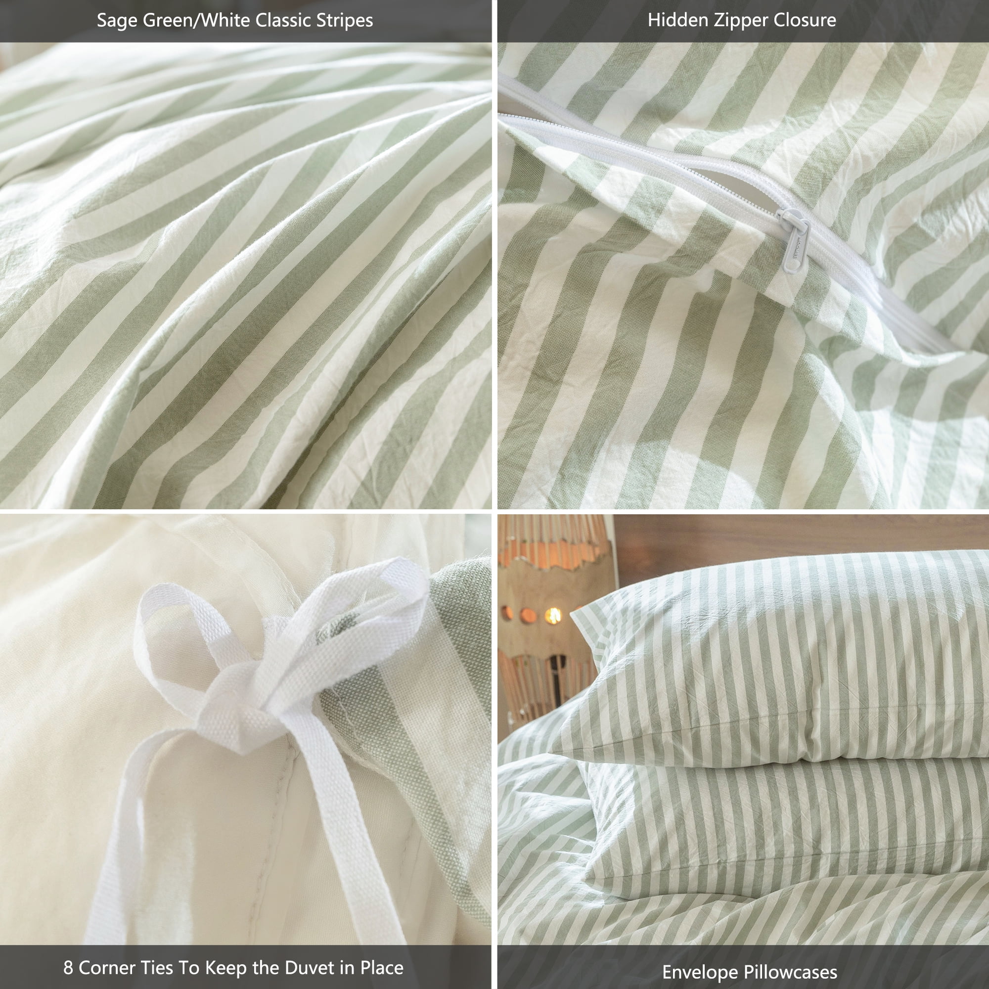 MooMee Striped Duvet Cover Set Queen 100% Washed Cotton Linen Like Textured Breathable 3-Piece (Sage Green& White Classic Stripes)