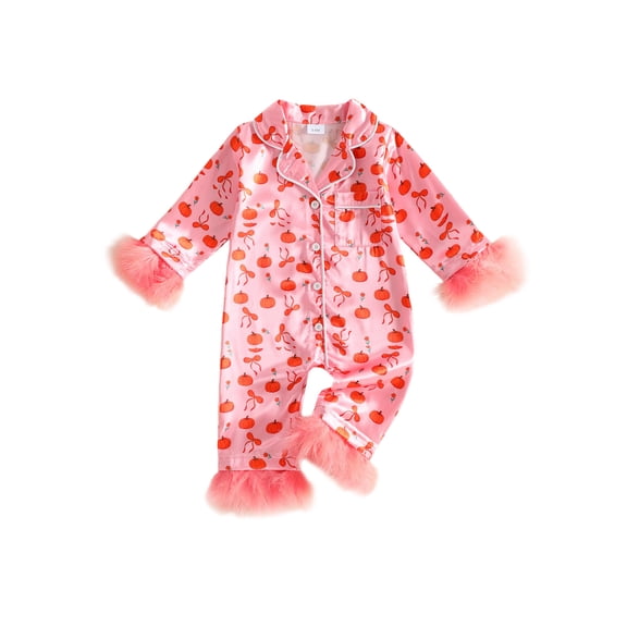 Cjfdfy Newborn Baby Girls Halloween Silk Romper Pajamas Pumpkin Ghost Print Fuzzy Trim Long Sleeve Satin Jumpsuit Cute Newborn Halloween Fall Winter Nightgown Clothes