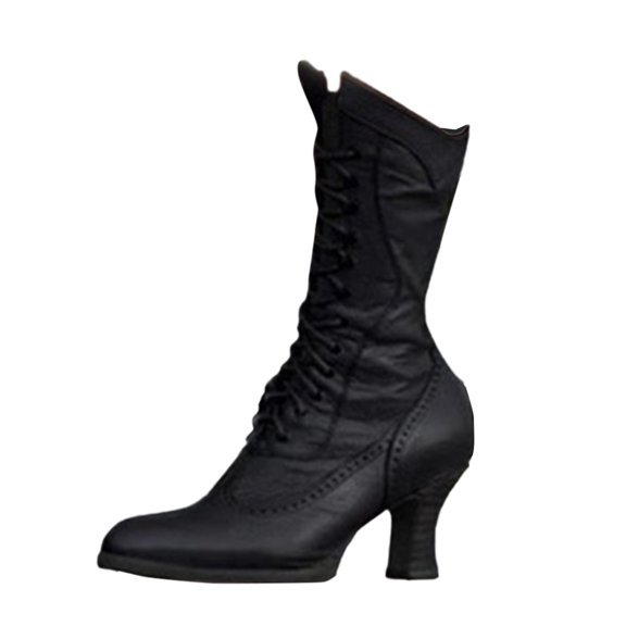 Guttear Victorian Boots for Women Vintage Granny Boots Renaissance Mid Calf Boots Costume Lace Up Low Heel Goth Boots with Zipper