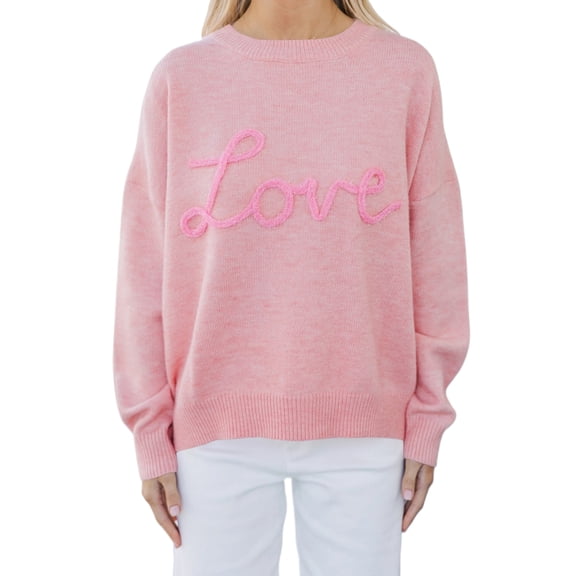 Women's Pink Corded Love Script Graphic Baggy Sweater – Cozy Casual Wear for Valentine's Day, XL