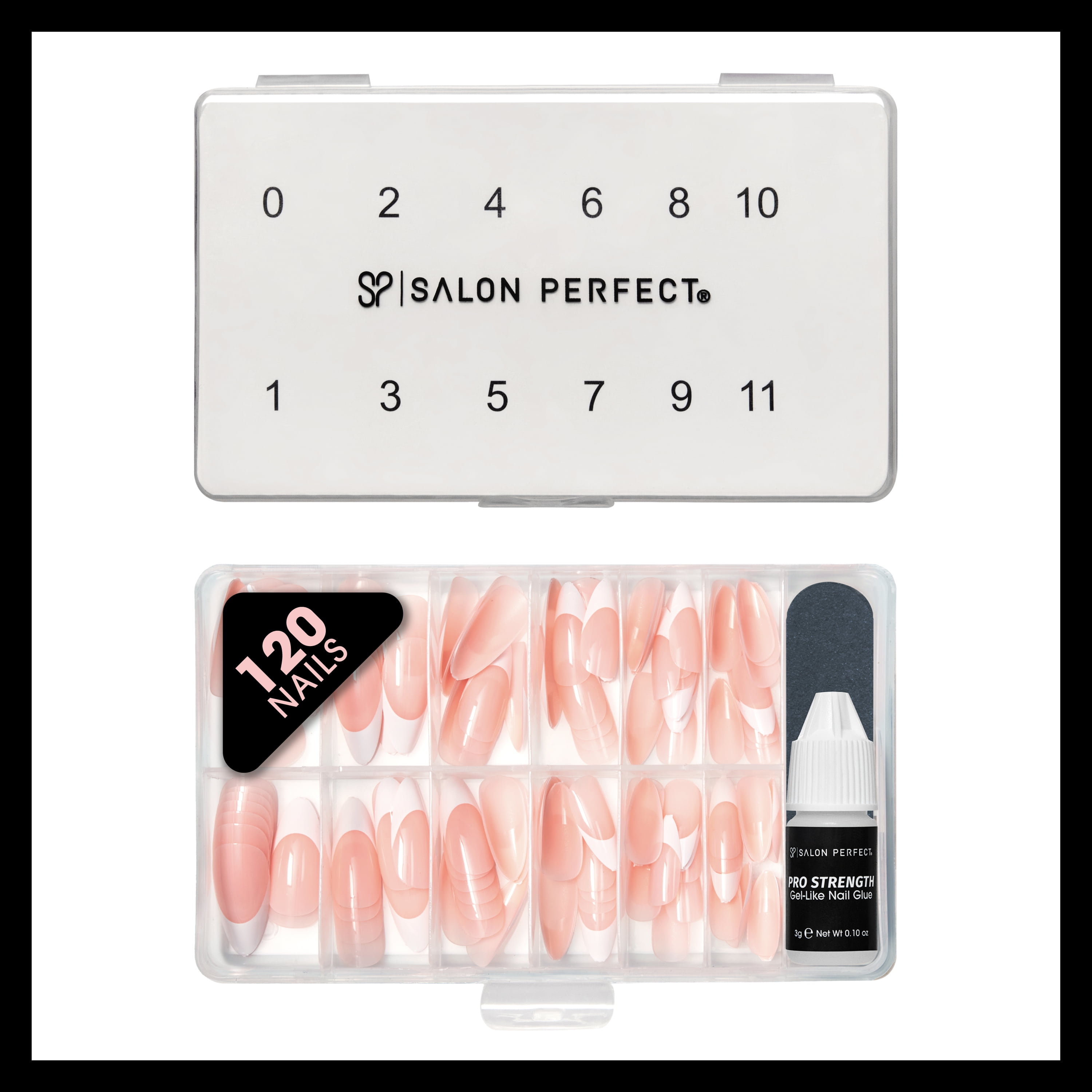 Salon Perfect Artificial Fake Press On Nail Tips, 304 Gel X-Tension, French, Medium Almond, File, and Glue Included, 120 Nails
