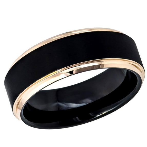 Men's Women's Tungsten Wedding Band Engagement Ring 8mm Two-Tone Black IP Rose Gold IP Brushed Center Stepped Edge