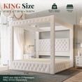 thumbnail image 2 of VanAcc Canopy Bed Frame King Size with 74.8" Tall Four-Post Design, Modern Deep-Tufted Velvet Upholstered Headboard with Charging Station, Cream, 2 of 9