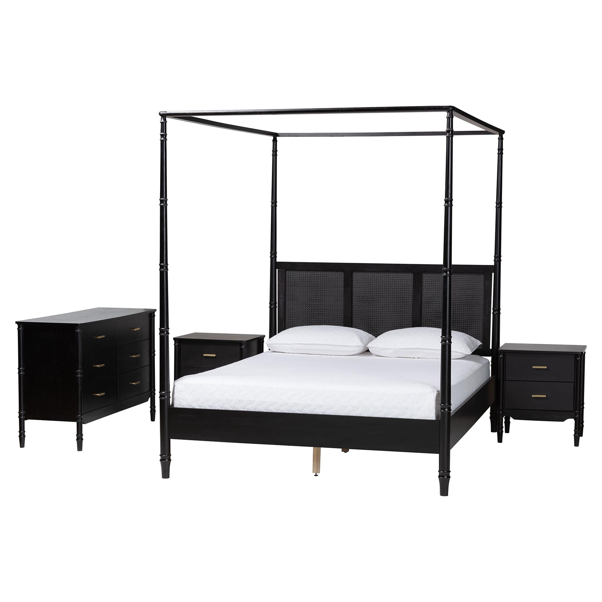 Baxton Studio Marisela Mid-Century Bedroom Set, 4-Piece, Queen, With 2 Nightstand, Black