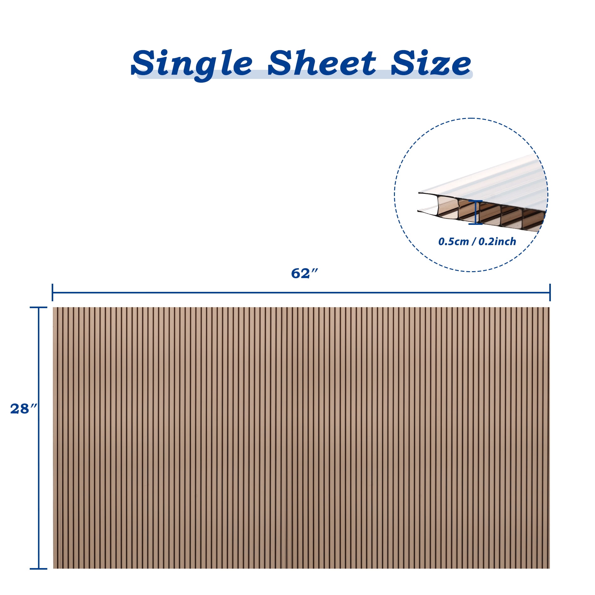 Aoodor  6Pcs 62'' (W) x 28'' (L) x 0.2'' Polycarbonate Gazebo Proof Panels,  Waterproof UV Protected Reinforced Sheets, Outdoor Garden and Gazebo Covering, Twin-Wall Bronze Sheets