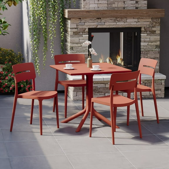 WestinTrends Playa Modern 5-Piece Resin Patio Dining Table Set with Stackable Patio Dining Chairs, Red