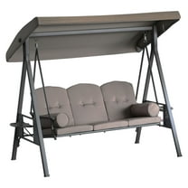 3-Person Patio Swing Bench with Canopy - Steel Outdoor Swing, Cushioned Seating, Side Trays - Brown