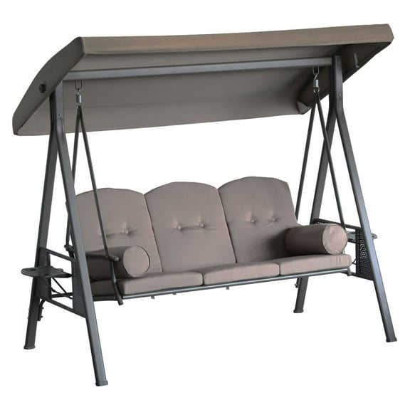 3-Person Patio Swing Bench with Canopy - Steel Outdoor Swing, Cushioned Seating, Side Trays - Brown