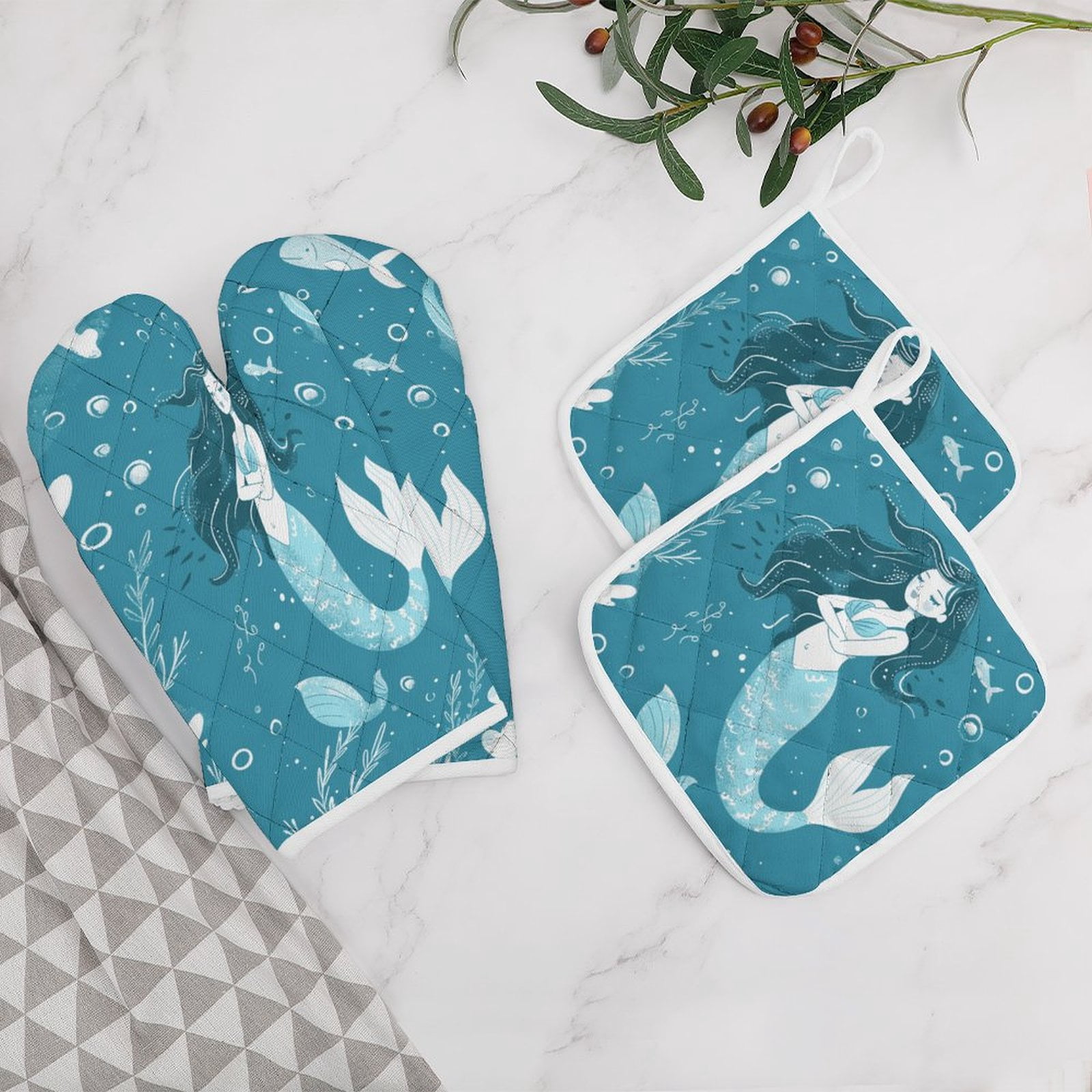 Ocean Cute Mermaid Heat Resistant Microwave Oven Gloves Set for BBQ Baking Grilling,Baking Gifts Cooks for Women,Housewarming Gifts for New Home