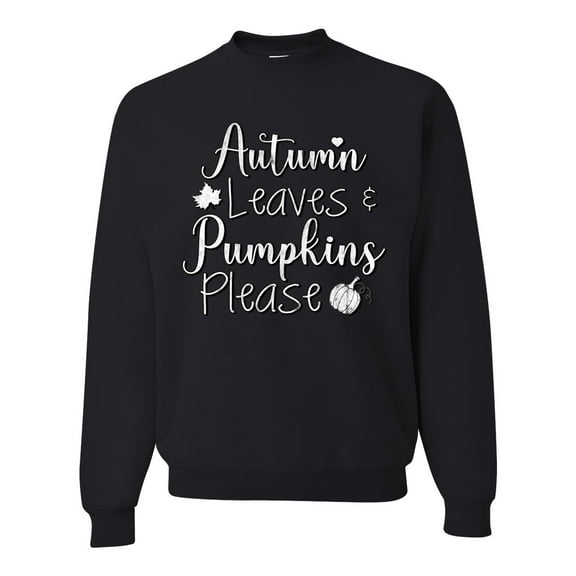 Wild Bobby Autumn Leaves and Pumpkins Please Black and White Distress Filter Halloween Unisex Crewneck Sweatshirt, Black, Small