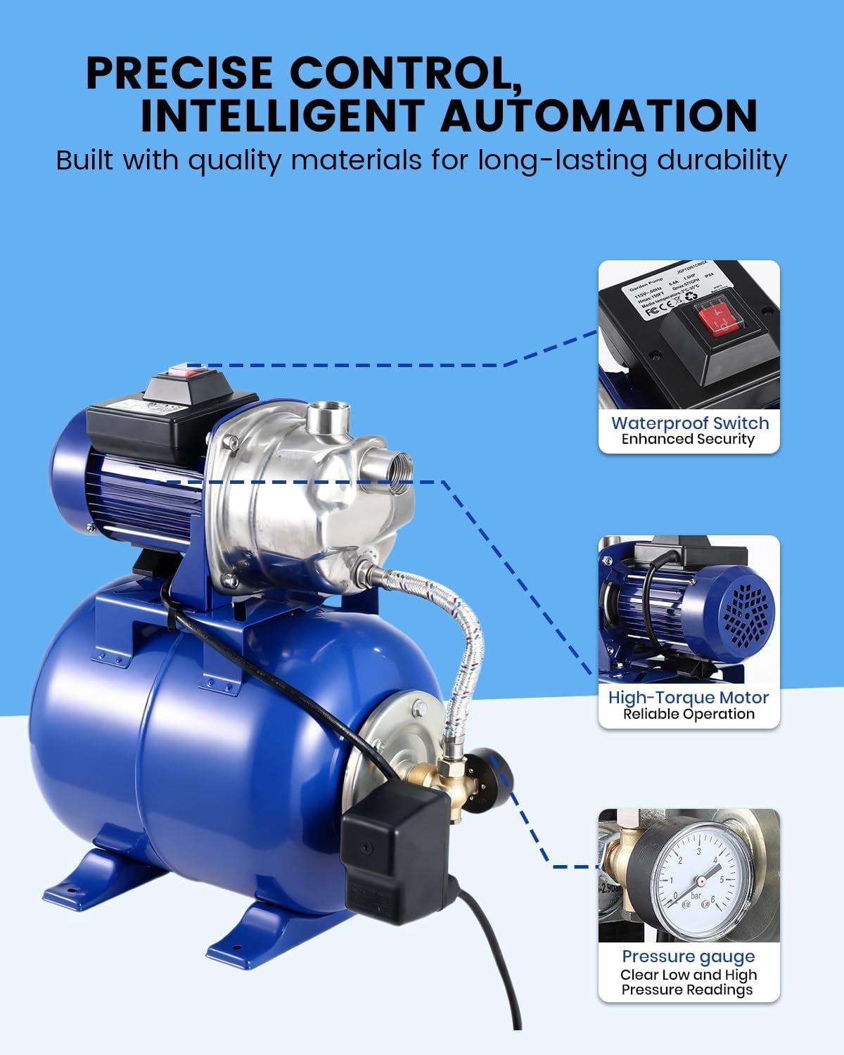 QinaQin Shallow Well Pump with Pressure Tank,Powerful 1.6HP 1320GPH High Flow,164ft Max Head,Stainless Steel Construction,Auto Pressure Switch for Home Farm ,Blue