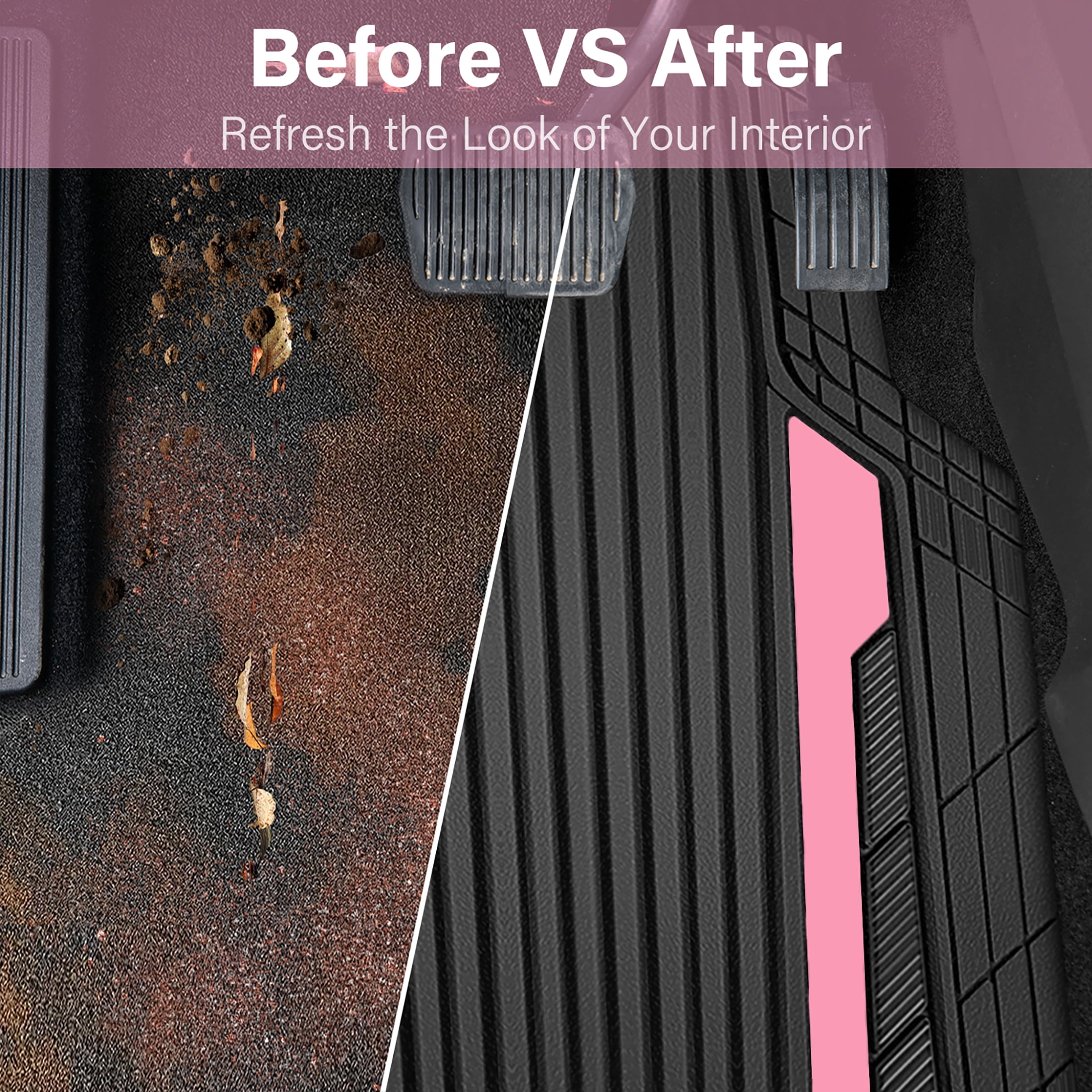 Auto Drive 4-Piece Black & Pink Heavy Duty Rubber Car Floor Mats, All Weather Universal Trim-to Fit for Car, SUV and Truck Mats