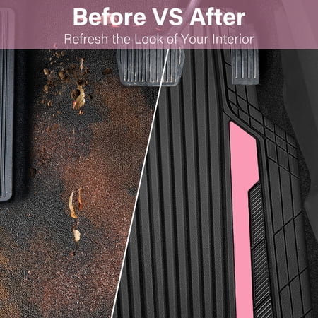 AUTO DRIVE 4-PIECE BLACK & PINK HEAVY DUTY RUBBER CAR FLOOR MATS, ALL WEATHER UNIVERSAL TRIM-TO FIT FOR CAR, SUV AND TRUCK MATS
