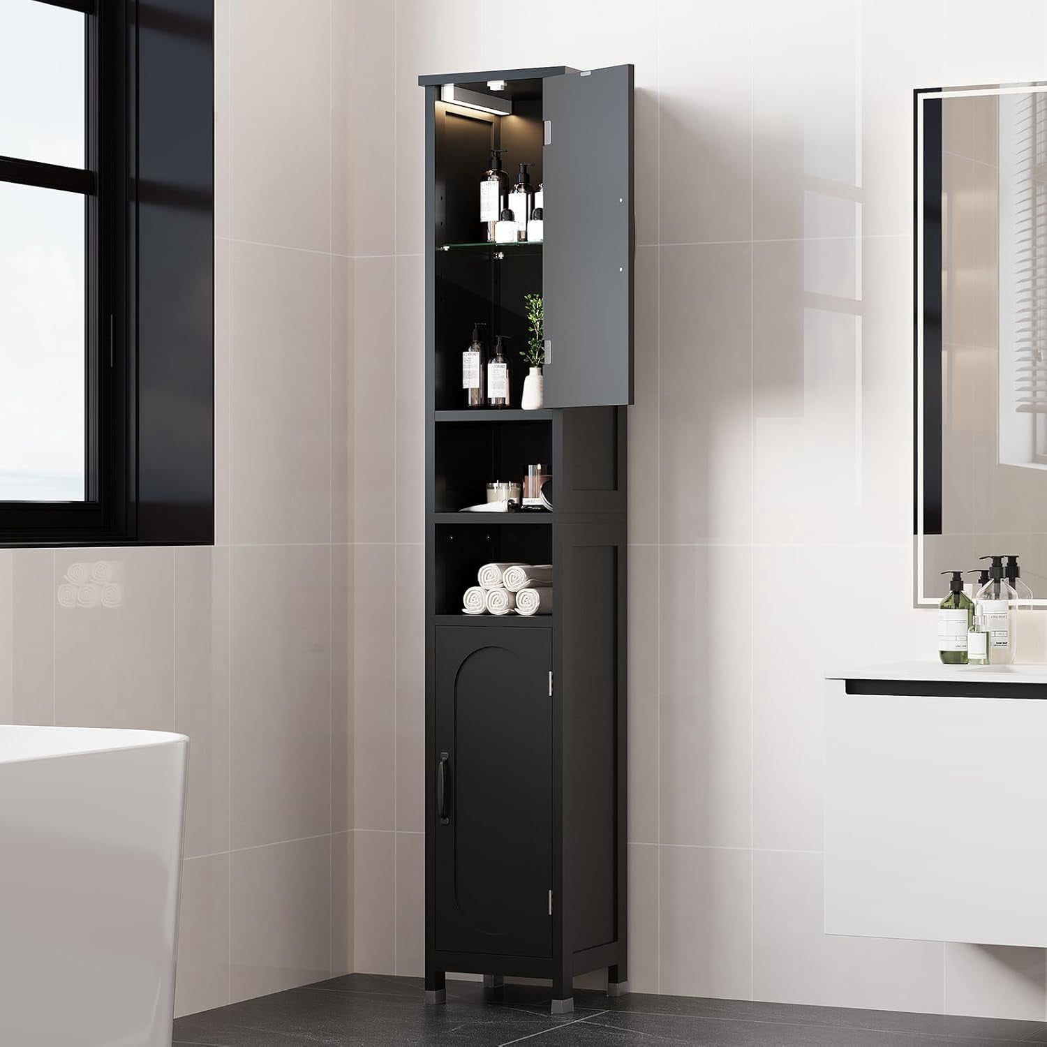 67" Tall Bathroom Storage Cabinet with Lights, Slim Narrow Bathroom Cabinet Organizer with Doors and Adjustable Shelves, Tall Cabinet for Small Space, Living Room, Kitchen, Black