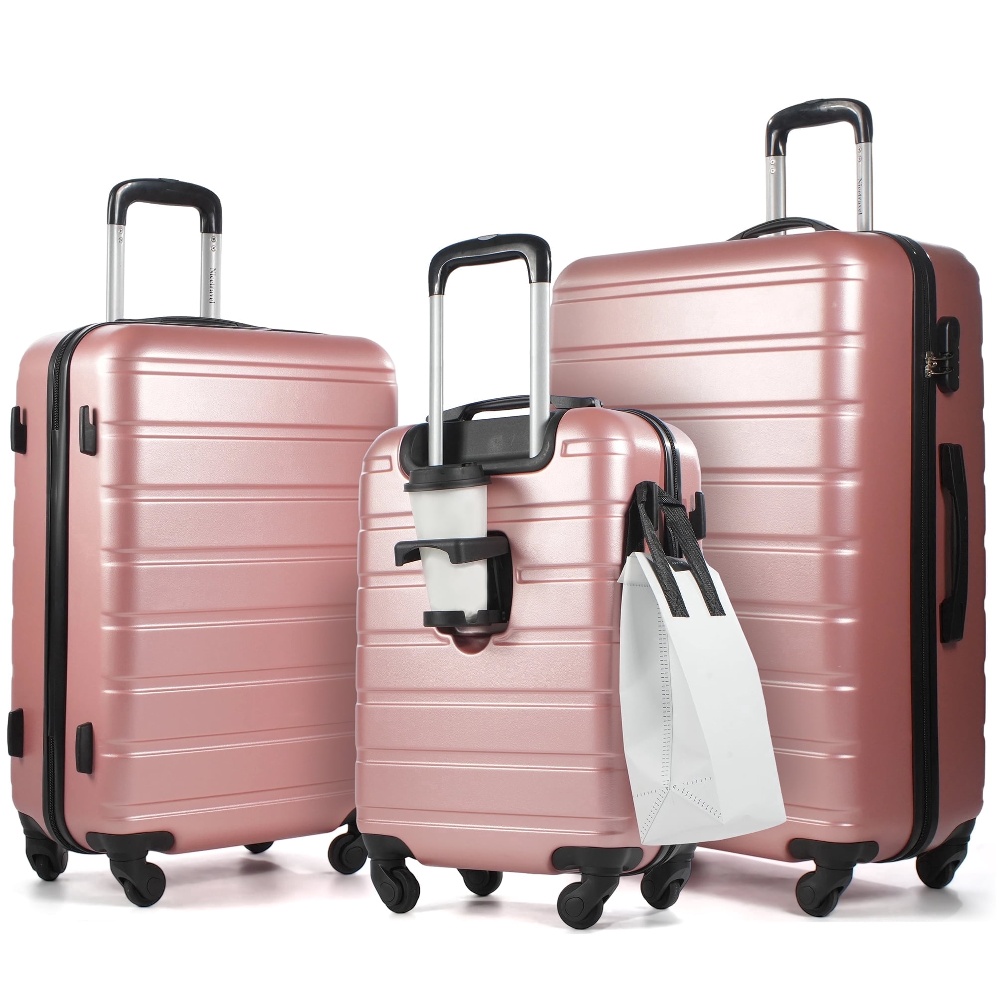 NiceTravel Luggage Set (20/24/28 inch),Hard-shell suitcase with Cup Holder(20"), Combination Locks & 360Β° Spinner Wheels, Pink