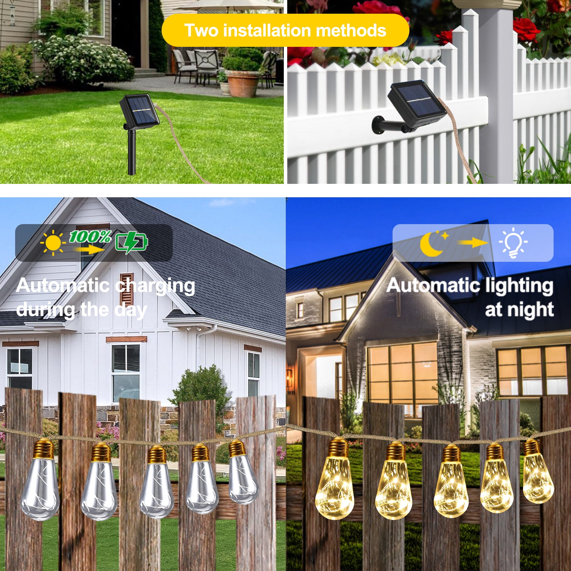 DAYBETTER 2Pack Solar Outdoor String Lights, 40ft/8Light Modes/32Bulbs Vintage Rope Hemp Solar Powered String Lights for Fence Patio Garden Yard Room Decor