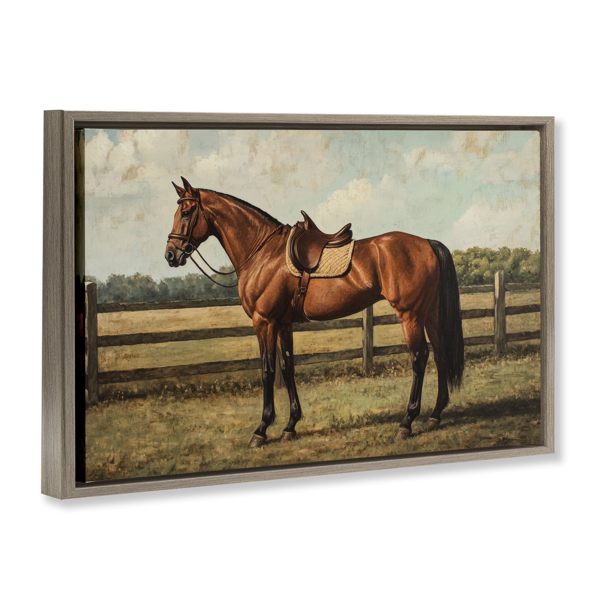 Stupell Industries Chocolate Stag Saddled in Pasture Brown Framed Floater Canvas Wall Art, design by Petal Prints Design