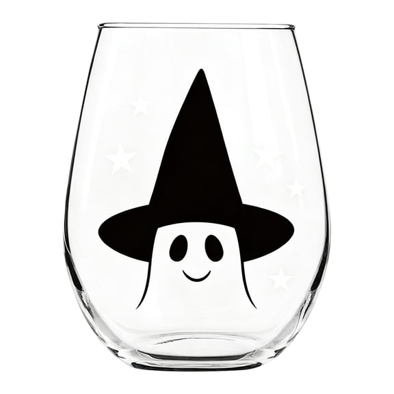 Grbtsrd Glass Cups, 15oz 2D Witch Ghost Print Clear Wine Glass, Cute Halloween Star Pattern Tumbler, Wide Belly Transparent Cup for Cocktail Whiskey Juice, Holiday Party Tabletop Decor Drink Vessel
