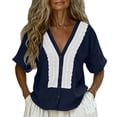 thumbnail image 2 of Uootdi Ladies Casual Shirts Plain Hollow Out Placket V Neck Short Sleeve Linen Shirt Soft Breathable Daily Wear Blouses Gift, 2 of 9