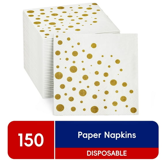 JOLLY CHEF 150 Pack Cocktail Napkins Paper, 3-Ply Beverage Napkins, Disposable Gold Square Napkins