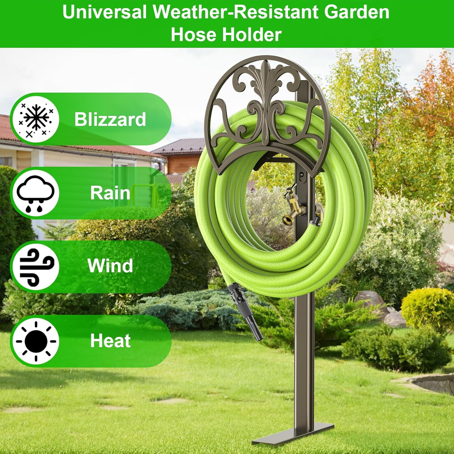 Garden Hose Stand with Brass Faucet, Detachable Heavy Duty Water Hose Holder, Freestanding Metal Hose Reel Decorative Storage Hanger Holds 150-Feet Hose for Outside Patio Lawn Yard