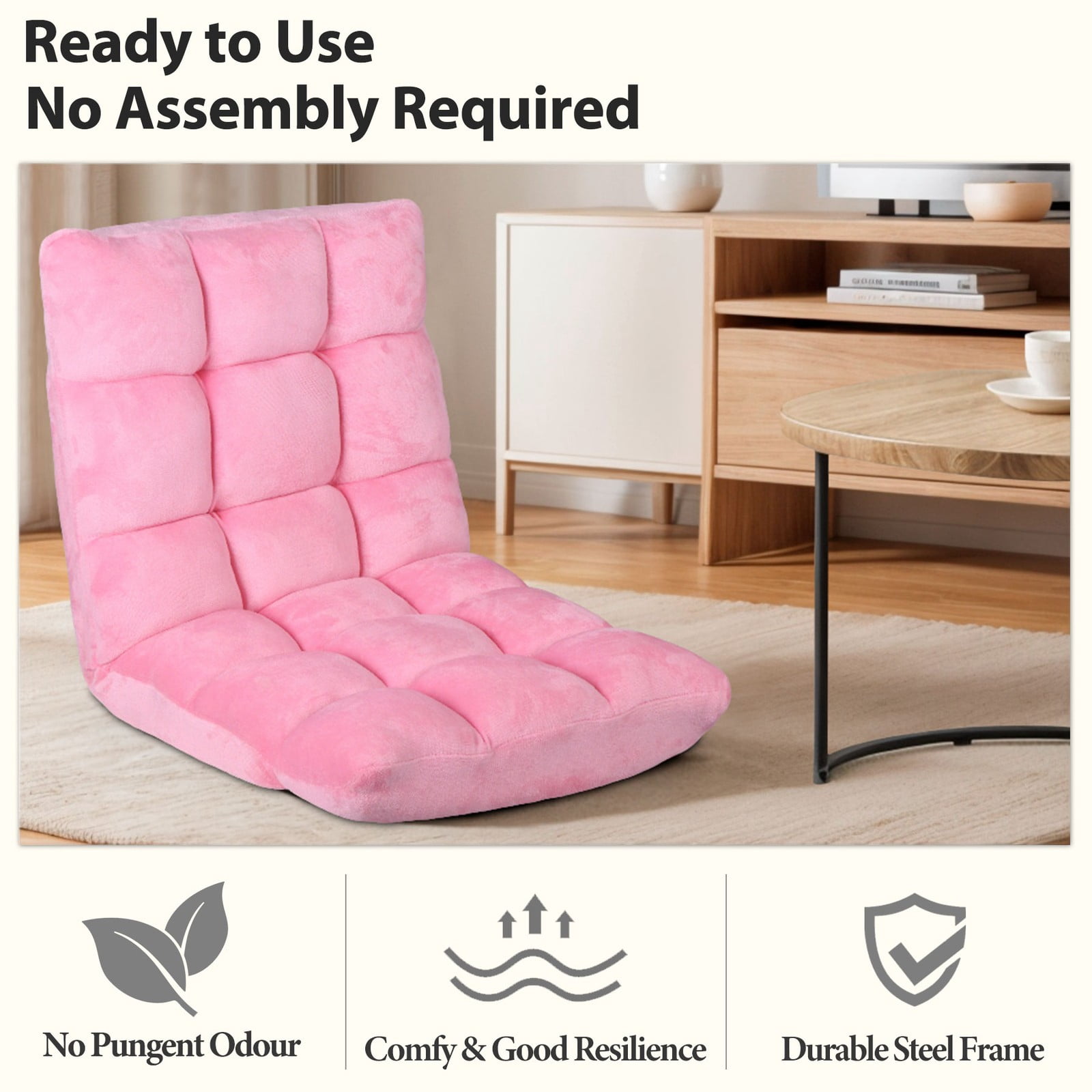 WDZS 14-Position Folding Floor Chair Gaming Sofa Cushioned Padded Reclining Bed Lounge Couch Seating for Comfy Reading, Reading, Gaming, Relaxing, Watching TV,Pink