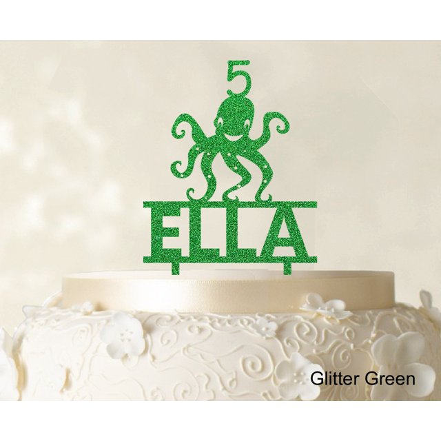 Birthday Custom Name Cake Topper With Octopus Figure Glitter Cake Topper Cake Decorations Color Option Available 6-7 Inches Wide