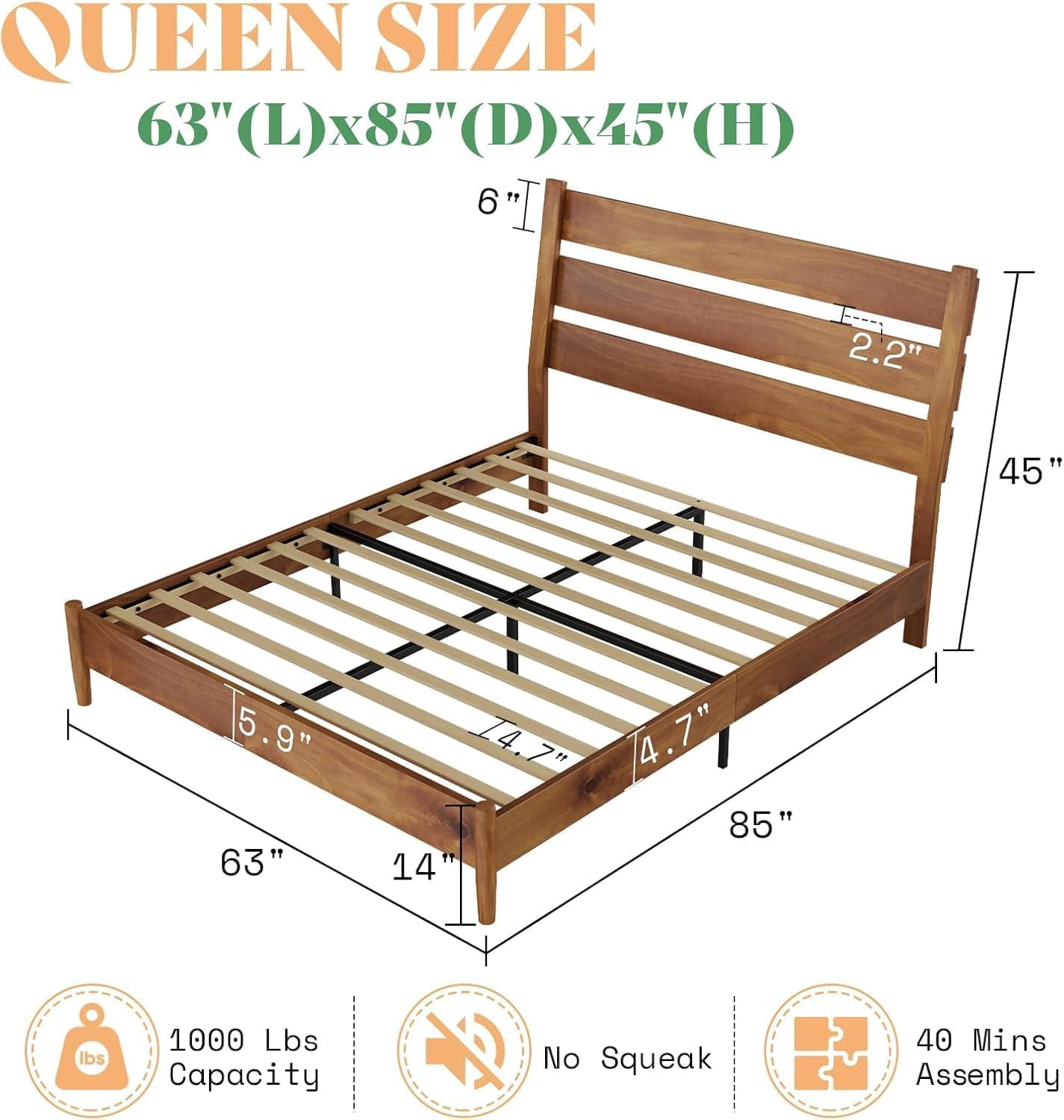 VanAcc Queen Size Solid Wood Bed Frame, Platform Beds with 45"H Headboard, Easy Assembly, Caramel