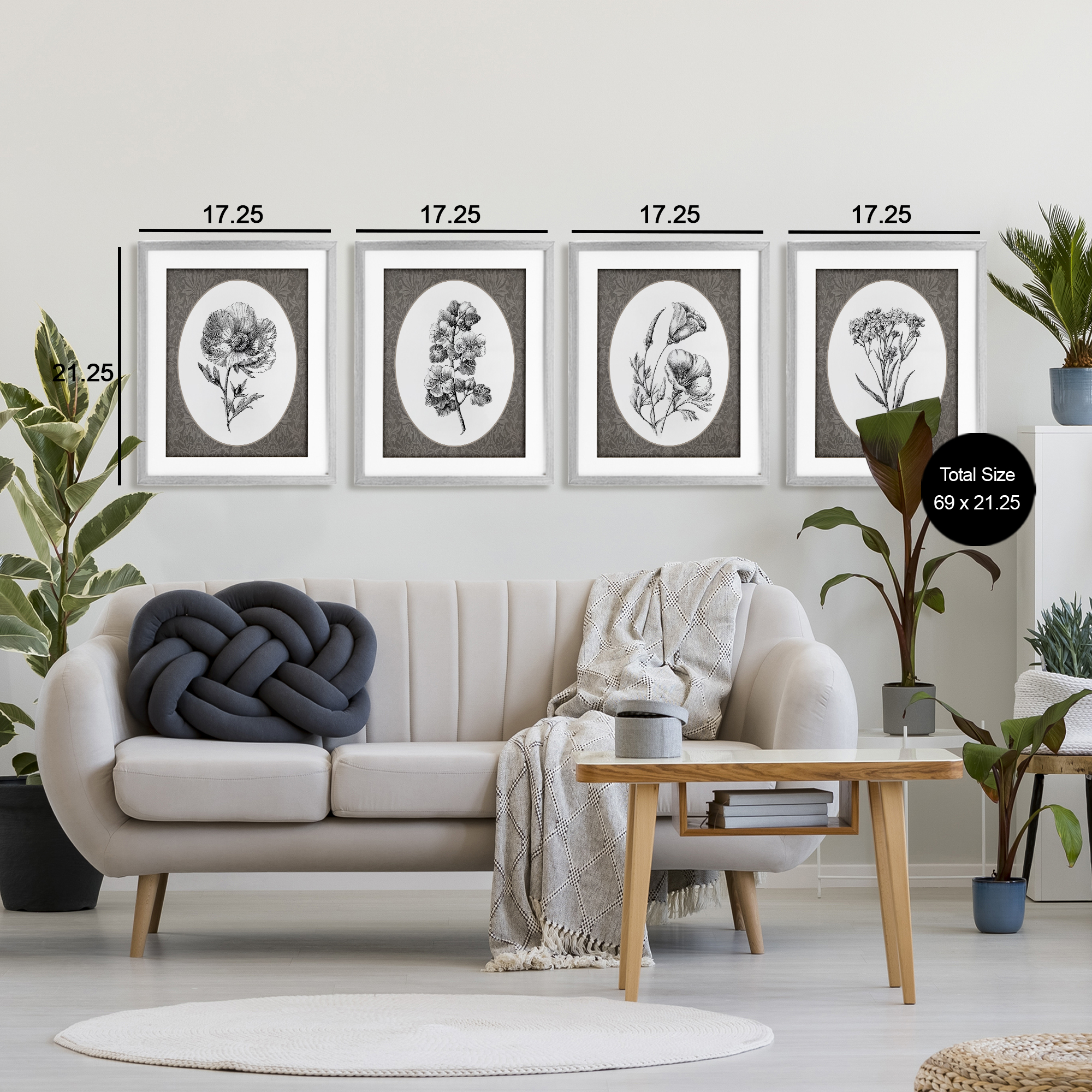 Ornate Blooms over Damask 4 Piece Gray Framed Print Under Glass Set, design by Lettered and Lined