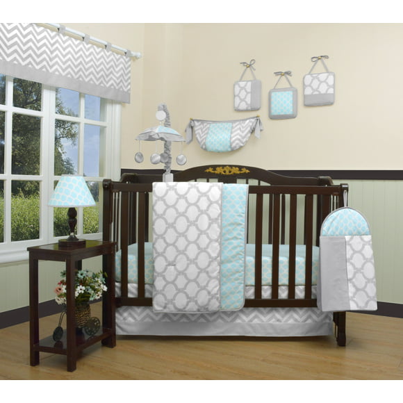 Bumperless 12 Pieces Glacier Blue/Gray Chevron Baby Nursery Crib Bedding Set