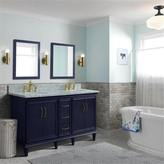 61 in. Double Oval Sink Vanity with Carrara Marble Top, Blue & White
