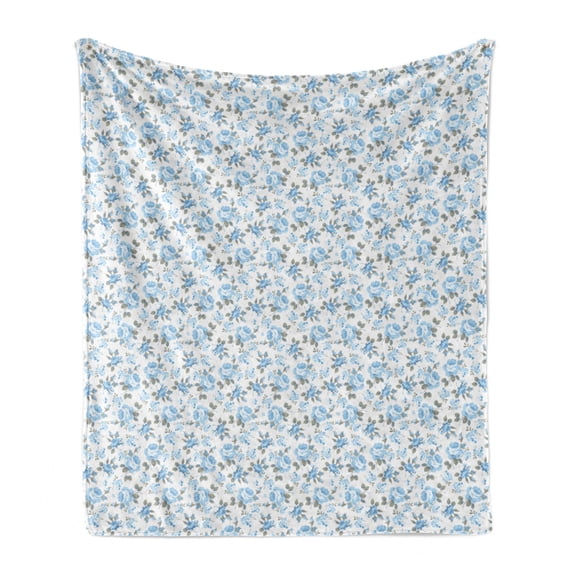 Rose Soft Flannel Fleece Throw Blanket, Pastel Floral Blossom Petal Buds Fragrance Bouquets Folk Essence Pattern, Cozy Plush for Indoor and Outdoor Use, 50" x 60", Pale Azure Blue White, by Ambesonne