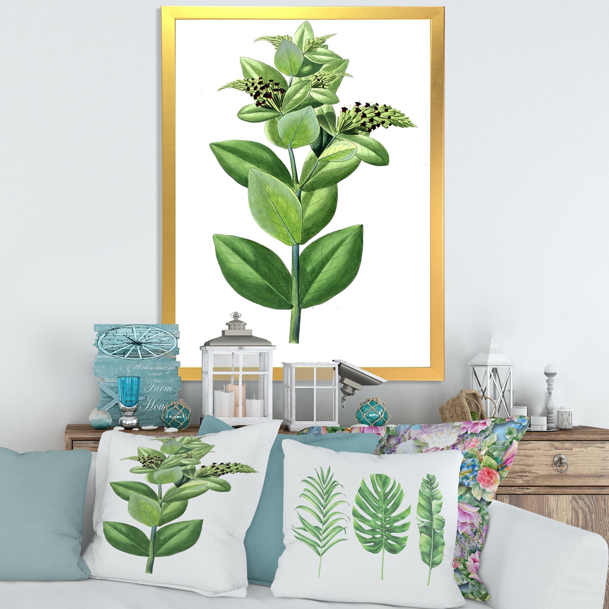 Designart 'Ancient Green Leaves Plants VI' Traditional Framed Art Print