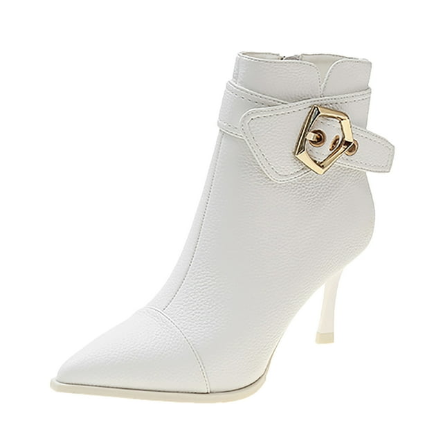 NECHOLOGY Botas Mujer Adulto Femenino Zapatos Botines mujer Moda mujer Color sólido invierno mantener caliente tacones altos hebilla Correa botines cortos zapatos de punta estrecha (White, 7)