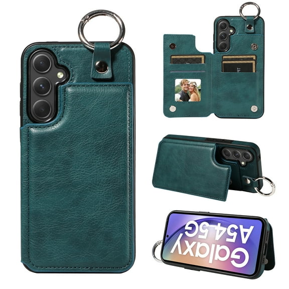 Nalacover for Samsung Galaxy A54 5G Wallet Case with Card Slots & Metal Finger Ring, Durable PU Leather Back Double Magnetic Botton Flip Kickstand Purse Shockproof Phone Case,Green