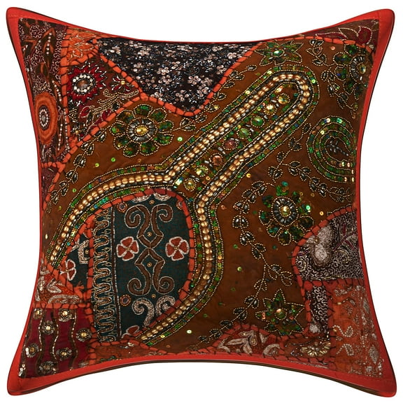 Stylo Culture Bohemian Settee Sofa Throw Pillow Cover 16 x 16 Beaded Sequins Orange Indian 40cm x 40cm Patchwork Cotton Embroidered Square Cushion Cover | 1 Pc