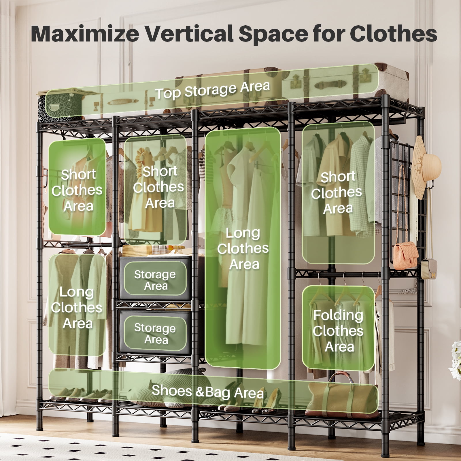HOKEEPER 1350LBS 76" L x 17" W x 76" H Portable Closet Wardrobe Heavy Duty Clothes Rack, Freestanding Clothing Rack with 6 Hang Rods, 10 Shelves & 2 Drawers , Adjustable Closet Garment Rack, Black